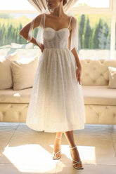 A-Line Tea Length Sparkling Tulle Little White Dress 100004 - COCOMELODY
