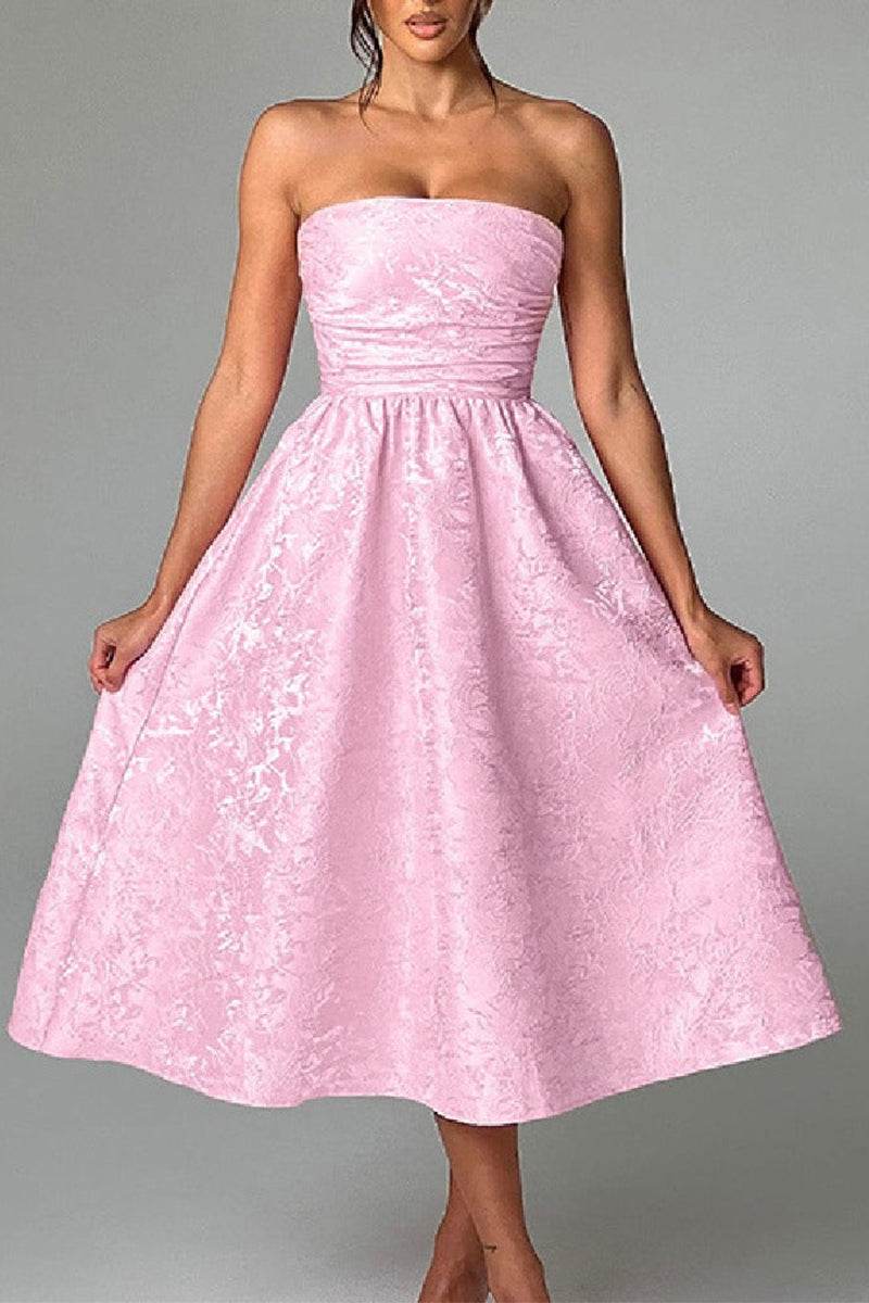 Chic A-Line Jacquard Satin Midi Wedding Guest Dress Strapless Floral Wedding Party Dress COCOMELODY 885712252250