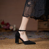 Suede Pointed Toe Block Heel Pumps Ankle Strap Elegant Shoes 695304002209