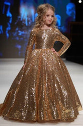 Luxury Gold Sequin Long Sleeve Round Neck Flower Girl Dresses 617778289380