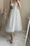 A-Line Tea Length Sparkling Tulle Little White Dress 100004 - COCOMELODY