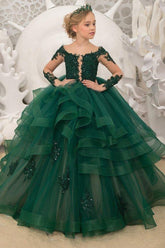 A-Line Off The Shoulder Long Sleeve Tulle Floor Length Flower Girl Dresses 617925271837