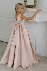 Satin Pearl Trim Deep V-Back Bow Floor Length Flower Girl Dresses 912220986900