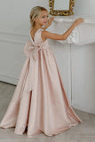 Satin Pearl Trim Deep V-Back Bow Floor Length Flower Girl Dresses 912220986900