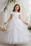 A-Line Round Neck Cap Sleeve Floor Length Ruffled Tulle Flower Girl Dresses 1028258095884