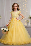 A-Line Round Neck Flutter Cap Sleeve Lace Applique Tulle Floor Length Flower Girl Dresses 1031527052172