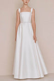 A-Line Floor Length Satin Wedding Dress 742347951746 - COCOMELODY