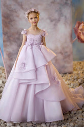 Illusion Tiered Asymmetrical Ruffle Sweep-Brush Train Flower Girl Dresses 673284486583