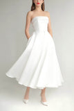 A-Line Tea Length Mikado Little White Dress 100023 - COCOMELODY