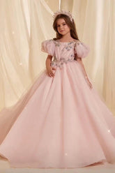 A-Line Puff Sleeves Sweep-Brush Train Illusion Flower Girl Dresses 769681401101