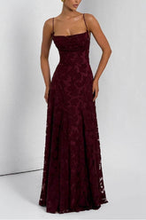 A-line Lace Maxi Formal Wedding Guest Dress Spaghetti Straps Criss Cross Back Elegant Formal Evening Dresses COCOMELODY 976108418795