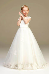Ball-Gown Illusion Neck Princess Tulle Flower Girl Dresses With Appliques Lace 626723738802 - COCOMELODY
