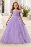 Elegant Floral Shoulder Ruched Bodice Tulle Flower Girl Dresses 890443747250
