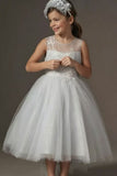 Princess Illusion Round Neck High-Low Lace Tulle Flower Girl Dresses 1062488474414