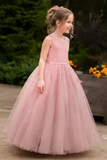 Satin Sleeveless Round Neck V-Back Bow Floor Length Flower Girl Dresses 772100832769