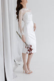 Sheath-Column Tea Length Lace Satin Little White Dress 100002 - COCOMELODY