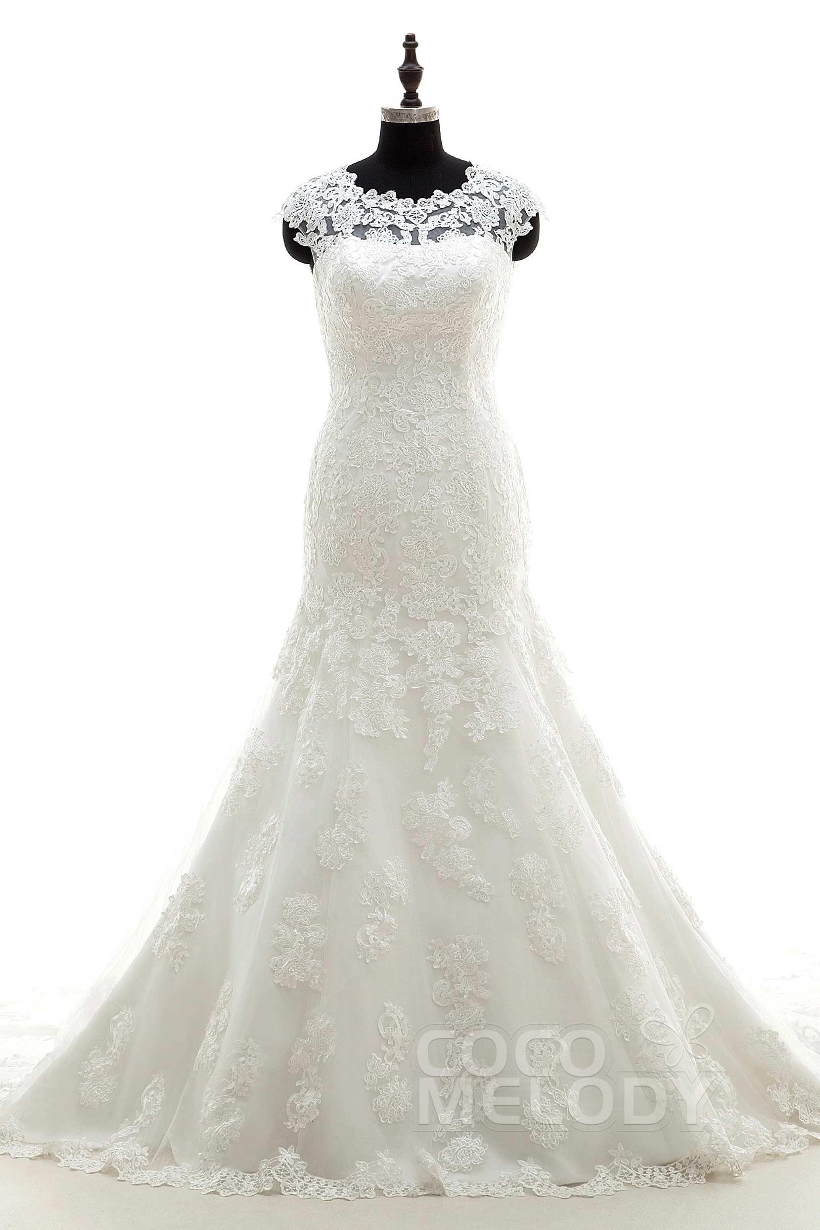Trumpet Chapel Train Tulle Wedding Dress LWAT1503ECR - COCOMELODY