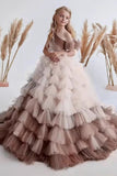 A-Line Asymmetrical One Shoulder Tiered Tulle Sweep-Brush Train Flower Girl Dresses 779839145372