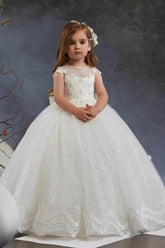 A-Line Illusion Neck Cap Sleeve Tulle Sweep-Brush Train Flower Girl Dresses 897953682012 - COCOMELODY