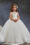 A-Line Illusion Neck Cap Sleeve Tulle Sweep-Brush Train Flower Girl Dresses 897953682012 - COCOMELODY