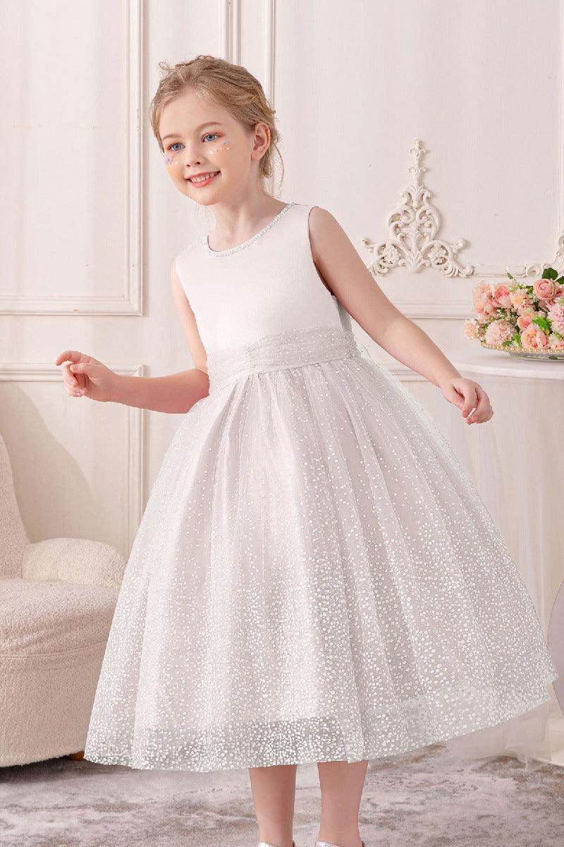 A-Line Scoop Neck Sleeveless Midi Tulle/Sequined Flower Girl Dresses 828722259586 - COCOMELODY
