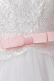 A-Line Scoop Neck 3/4 Length Sleeve Lace/Tulle Flower Girl Dresses 720237891676 - COCOMELODY