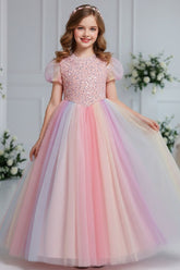 A-Line Short Puff Sleeve Sequin Rainbow Tulle Floor-Length Flower Girl Dresses 1029773142446