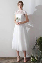 A-Line Tea Length Lace Tulle Wedding Dress 862471719437CR - COCOMELODY