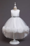 Princess Scoop Neck Sleeveless Hi-Low Tulle Pom Poms Flower Girl Dresses 1029780202104