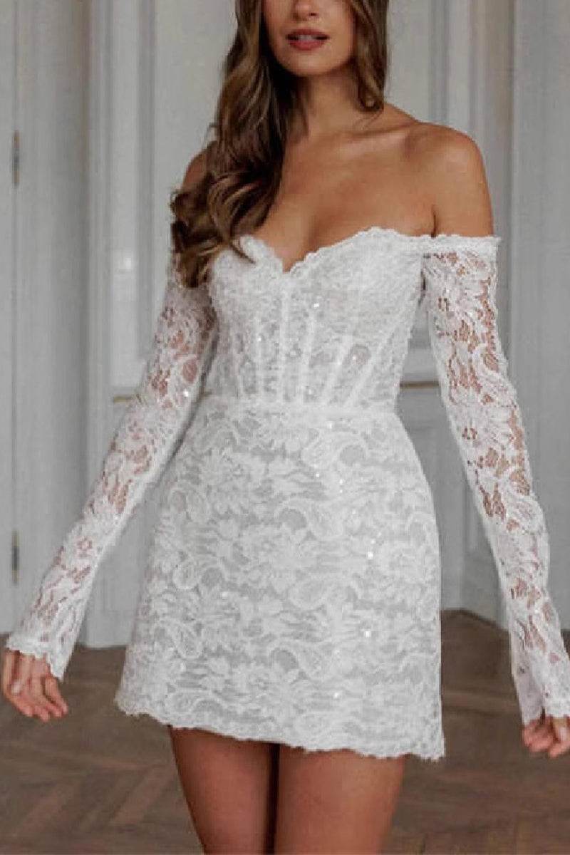 Sheath-Column Short-Mini Lace Little White Dress 100048 - COCOMELODY