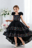 Ruffled Flutter Shoulder Sequin Ruffled Trim Bodice Tulle High-Low Flower Girl Dresses 1029823265576