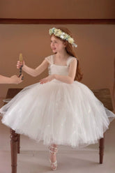 A-Line Glitter Tulle Ruffle Straps Ankle Length Flower Girl Dresses 1038452310663