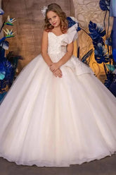 A-Line V-Neck Sleeveless Tulle Sweep-Brush Train Flower Girl Dresses 915121553468