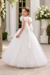 Tulle Flutter Cap Sleeves Big Bow Floor Length Flower Girl Dresses 907809929481
