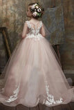 Round Neck Puff Long Sleeve Floral Lace Tulle Flower Girl Dresses 617837002510