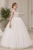 Elegant Lace Bodice Illusion Neckline Bow Back Tulle Flower Girl Dresses 901111463292