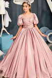 A-Line Illusion Neck Satin Puff Sleeve Flower Girl Dresses 699196034101