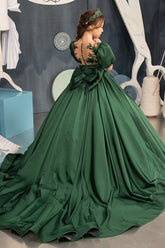 A-Line Illusion Neck Satin Puff Sleeve Flower Girl Dresses 699196034101