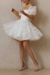 A-Line Short-Mini Lace Organza Little White Dress 100040 - COCOMELODY