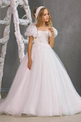 A-Line Square Neck Puff Sleeves Tulle Flower Girl Dresses 748560176475 - COCOMELODY