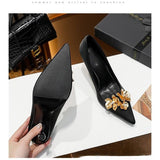 3D Flowers black Satin Pointy Stiletto Heels 769556407493 - COCOMELODY