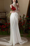 Sheath-Column Chapel Train Lace Satin Wedding Dress 737835089170 - COCOMELODY