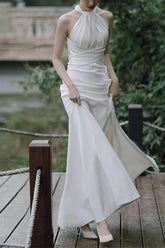 Sheath-Column Sweep-Brush Train Satin Wedding Dress 681178927183 - COCOMELODY