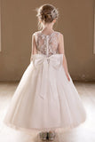 A-Line Sleeveless Sheer Back Bow Tulle Floor Length Flower Girl Dresses 915610270037