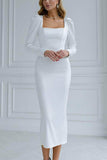 Sheath-Column Tea Length Satin Little White Dress 100039 - COCOMELODY