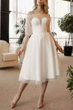 A-Line Tea Length Tulle Satin Little White Dress 100057 - COCOMELODY