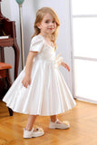 A-Line Illusion Neck Short Sleeves Satin Flower Girl Dresses With Bow(s) 669333816098 - COCOMELODY