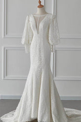 Trumpet-Mermaid Sweep-Brush Train Lace Wedding Dress 719870409318 - COCOMELODY