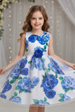 Princess Sleeveless Round Neck Floral Print Knee Length Stain Flower Girl Dresses 1029258726192