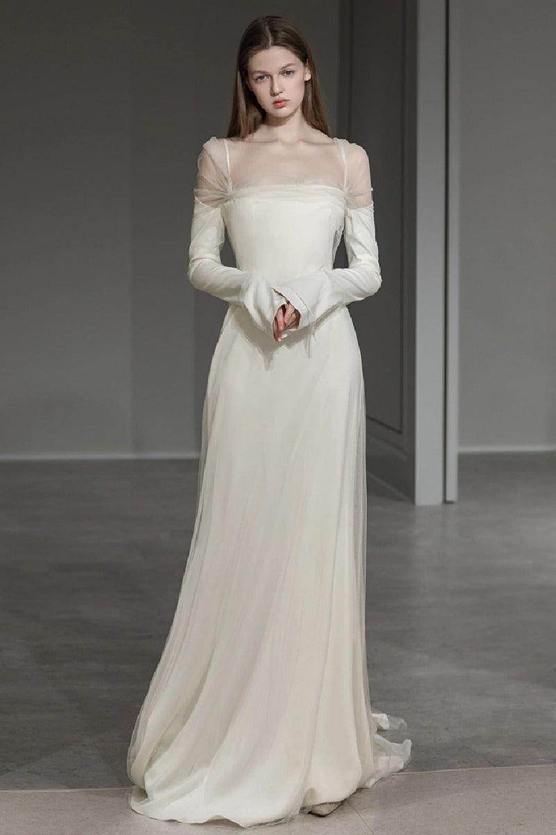 A-Line Long Sleeves Sweep-Brush Train Satin Square Neck Luxury Wedding Dress COCOMELODY 743493384317